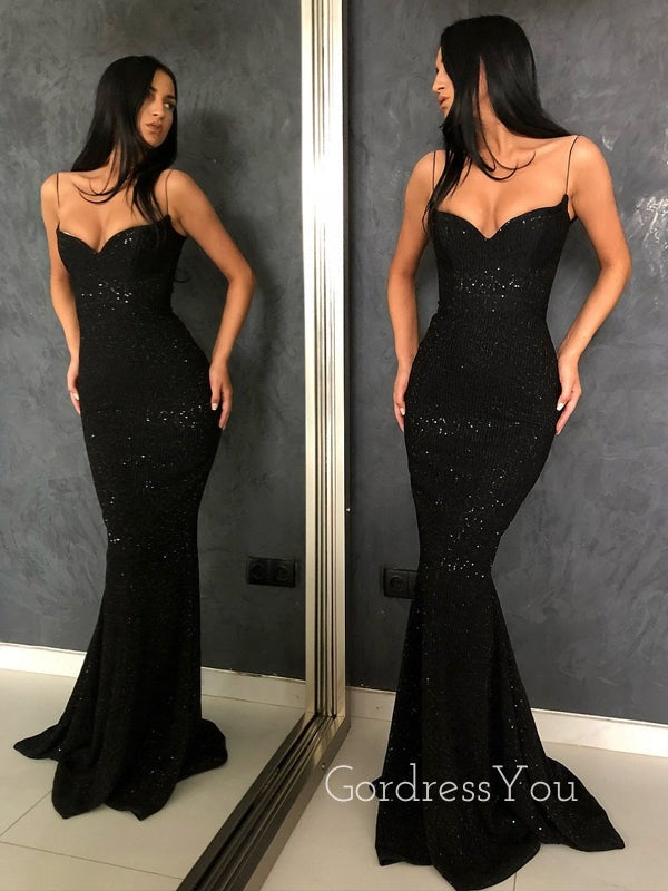 Elegant Black Sequins Mermaid Long Evening Prom Dresses, Custom Spaghetti Straps Prom Dress, GR0053