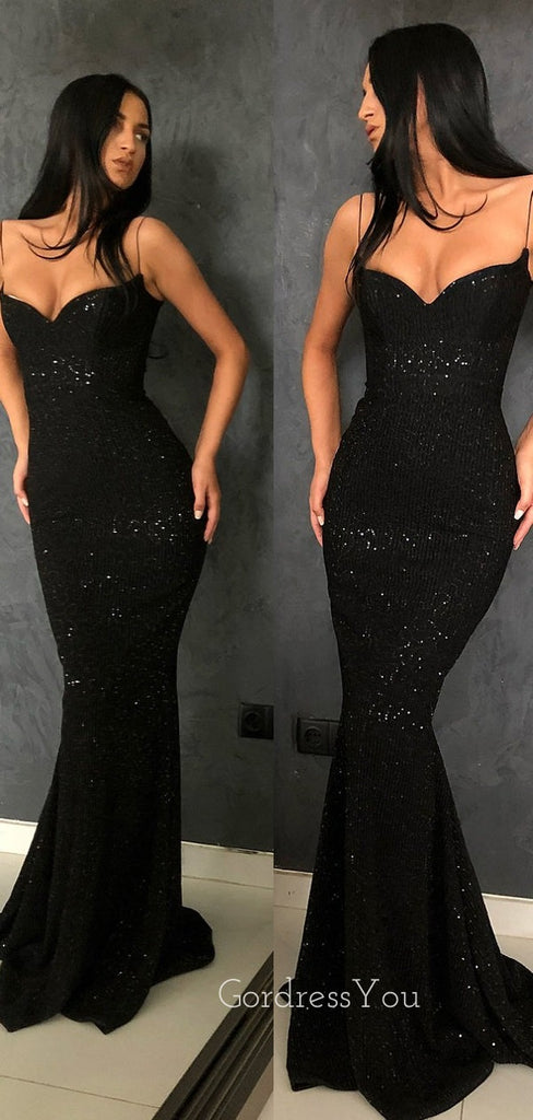 Elegant Black Sequins Mermaid Long Evening Prom Dresses, Custom Spaghetti Straps Prom Dress, GR0053