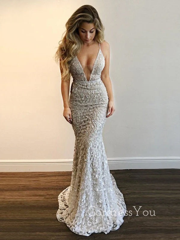 Formal Mermaid Lace Deep V-neck Long Evening Prom Dresses, Custom Spaghetti Straps Prom Dress, GR0058