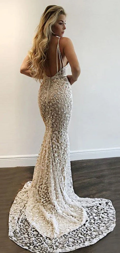 Formal Mermaid Lace Deep V-neck Long Evening Prom Dresses, Custom Spaghetti Straps Prom Dress, GR0058