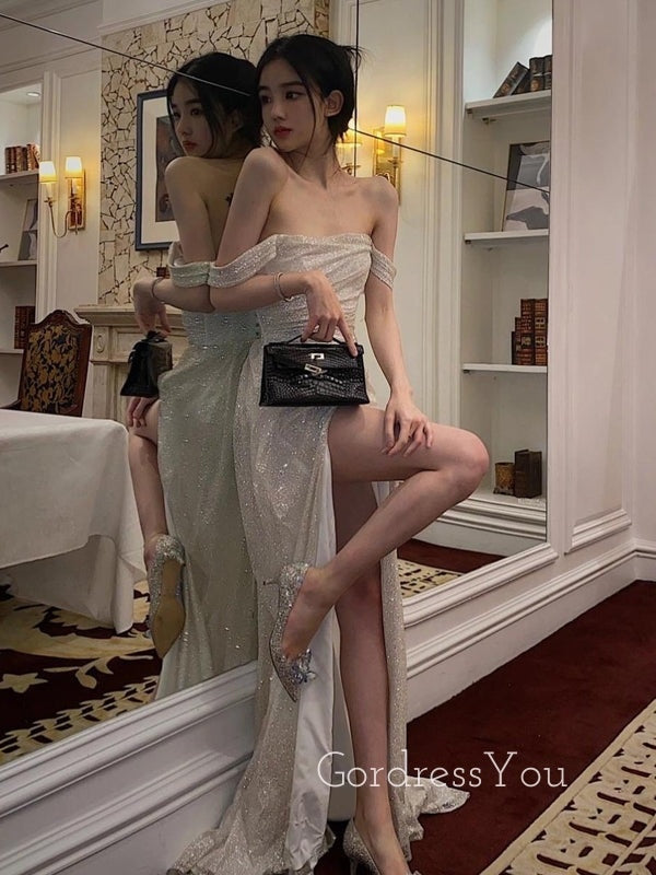 White Sequins Sparkly A-line Long Evening Prom Dresses, Custom Off Sho GordressYou White Sequins Sparkly A-line Long Evening Prom Dresses, Custom Off Sho GordressYou
