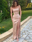 Simple Satin Spaghetti Straps Side Slit Long Evening Prom Dresses, Custom Prom Dress, GR0068