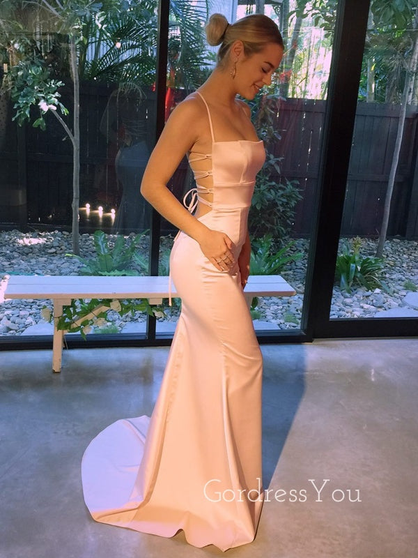 Mermaid Peach Satin Spaghetti Straps Backless Long Evening Prom Dresses, Custom Prom Dress, GR0070