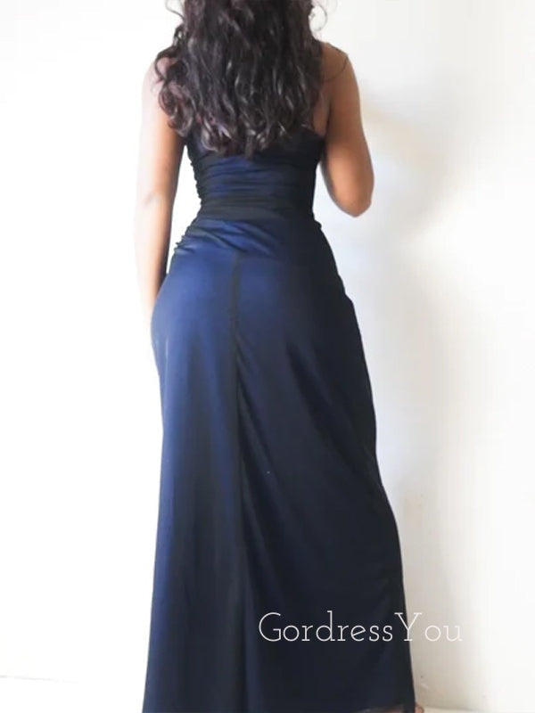 Unique Spaghetti Straps Black Chiffon Blue Long Evening Prom Dresses, Custom Mermaid Prom Dress, GR0075