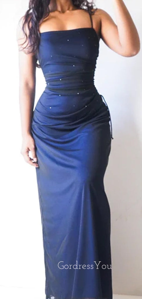 Unique Spaghetti Straps Black Chiffon Blue Long Evening Prom Dresses, Custom Mermaid Prom Dress, GR0075