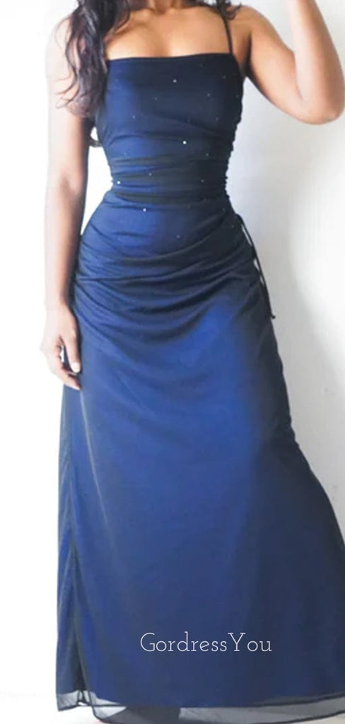 Unique Spaghetti Straps Black Chiffon Blue Long Evening Prom Dresses, Custom Mermaid Prom Dress, GR0075