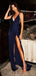 Deep V-neck Navy Blue Sequins High Slit Long Evening Prom Dresses, Custom Spaghetti Straps Prom Dress, GR0077