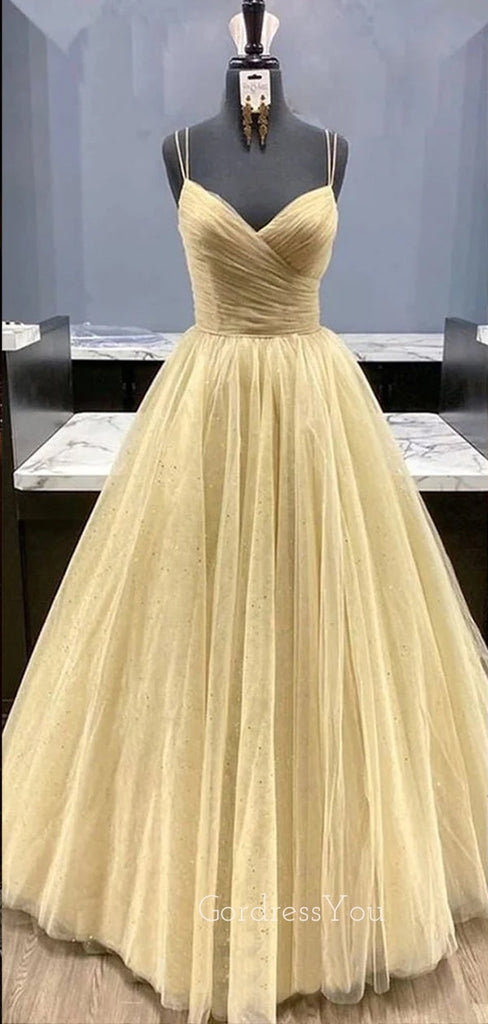 Formal A-line Gold Tulle Sparkly  Long Evening Prom Dresses, Custom Spaghetti Straps Prom Dress, GR0078