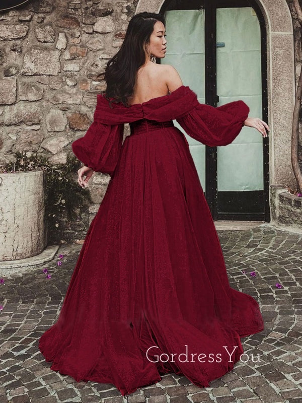 Burgundy Tulle Sparkly Off Shoulder Long Sleeves A-line Long Evening Prom Dresses, Custom Prom Dress, GR0079