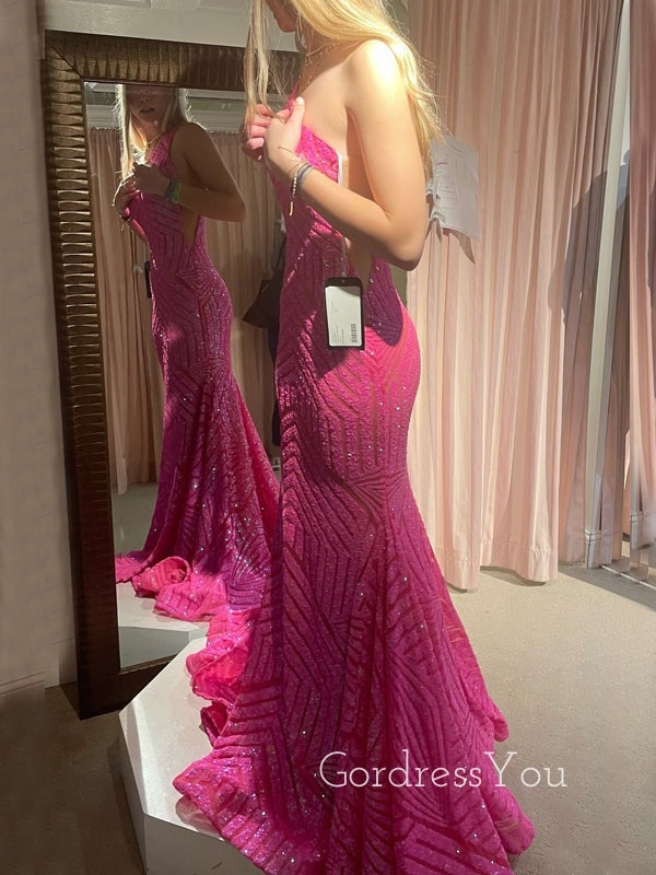 Hot Pink Sequins Mermaid One Shoulder Long Evening Prom Dresses, Custom Prom Dress, GR0080