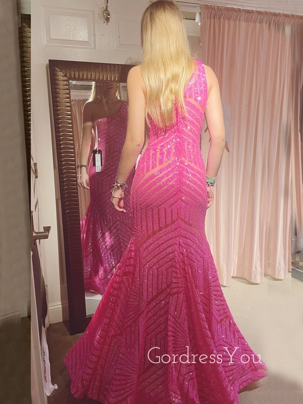 Hot Pink Sequins Mermaid One Shoulder Long Evening Prom Dresses, Custom Prom Dress, GR0080