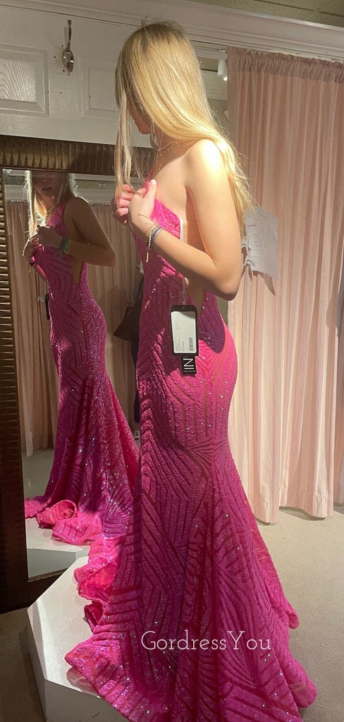 Hot Pink Sequins Mermaid One Shoulder Long Evening Prom Dresses, Custom Prom Dress, GR0080