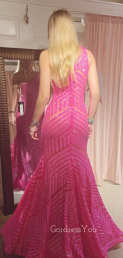 Hot Pink Sequins Mermaid One Shoulder Long Evening Prom Dresses, Custom Prom Dress, GR0080