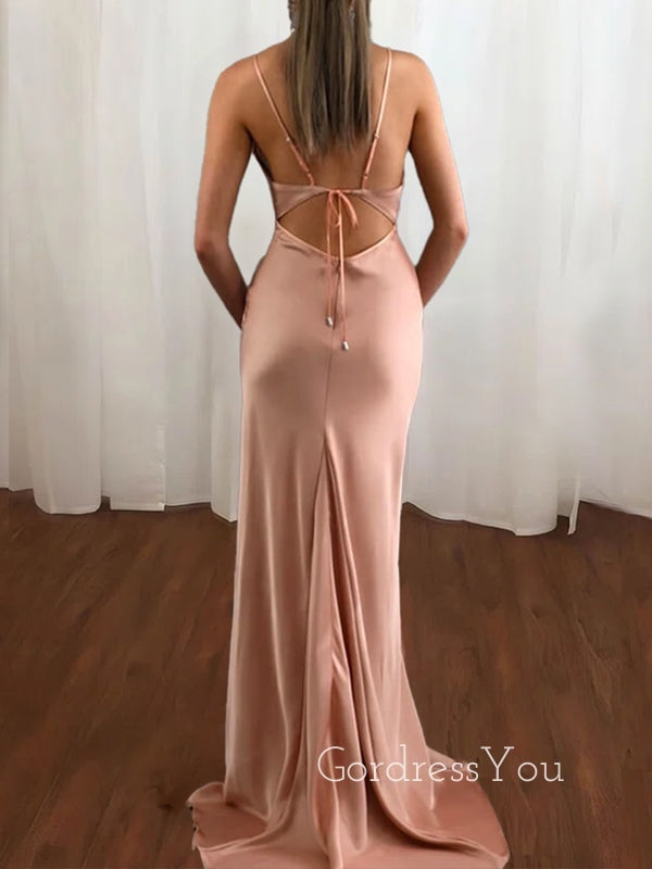 Simple Rose Gold Satin Spaghetti Straps Mermaid Long Evening Prom Dresses, Custom Prom Dress, GR0081