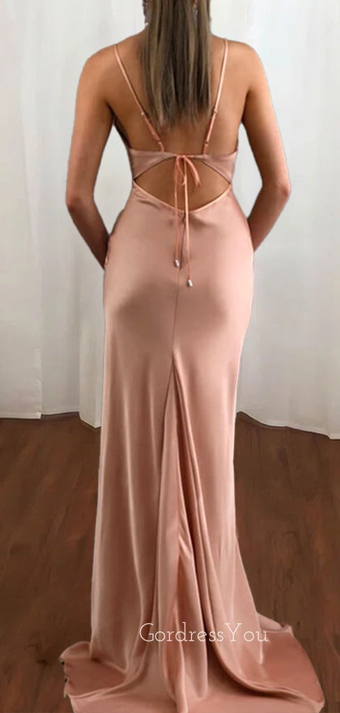 Simple Rose Gold Satin Spaghetti Straps Mermaid Long Evening Prom Dresses, Custom Prom Dress, GR0081