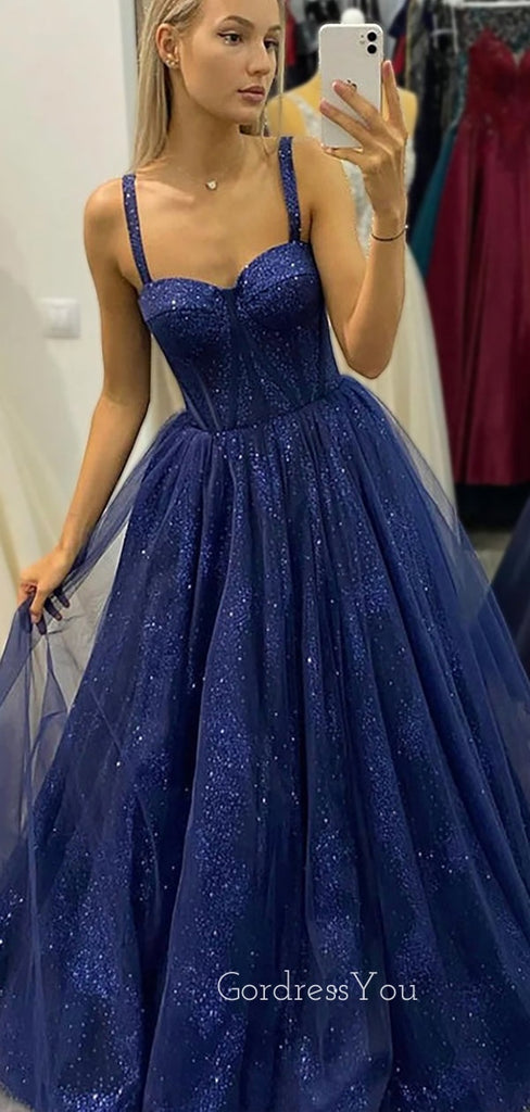 A-line Navy Blue Tulle Sparkly Straps Long Evening Prom Dresses, Custom Prom Dress, GR0084