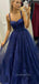 A-line Navy Blue Tulle Sparkly Straps Long Evening Prom Dresses, Custom Prom Dress, GR0084