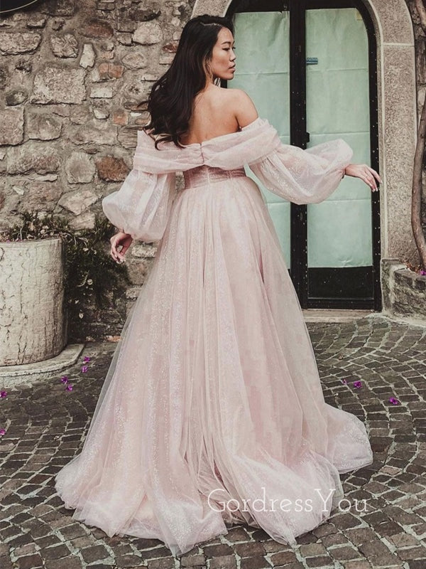 Pink Tulle Sparkly A-line Long Sleeves Long Evening Prom Dresses, Cust GordressYou Pink Tulle Sparkly A-line Long Sleeves Long Evening Prom Dresses, Cust GordressYou