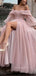 Pink Tulle Sparkly A-line Long Sleeves Long Evening Prom Dresses, Custom High Slit Prom Dress, GR0085