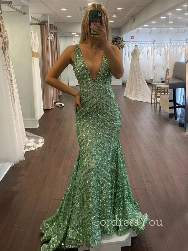 Elegant Deep V-neck Mermaid Sequins Long Evening Prom Dresses, Custom Prom Dress, GR0087