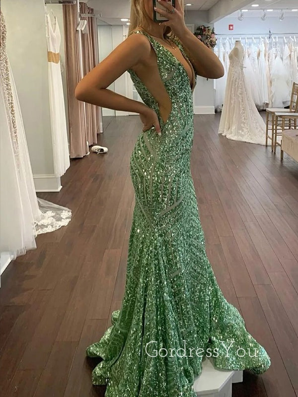 Elegant Deep V-neck Mermaid Sequins Long Evening Prom Dresses, Custom GordressYou Elegant Deep V-neck Mermaid Sequins Long Evening Prom Dresses, Custom GordressYou