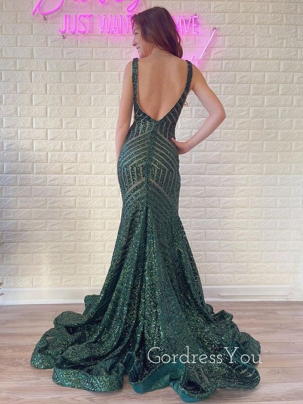 Elegant Deep V-neck Mermaid Sequins Long Evening Prom Dresses, Custom Prom Dress, GR0087