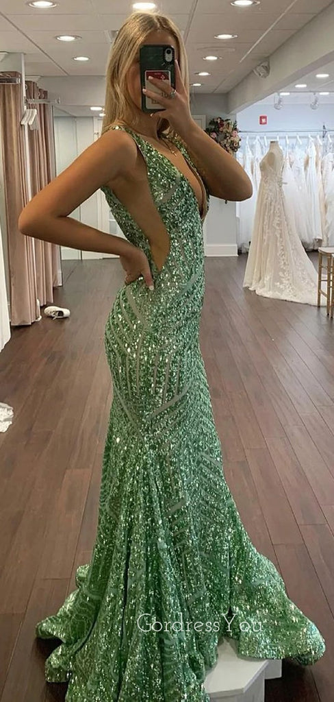 Elegant Deep V-neck Mermaid Sequins Long Evening Prom Dresses, Custom Prom Dress, GR0087