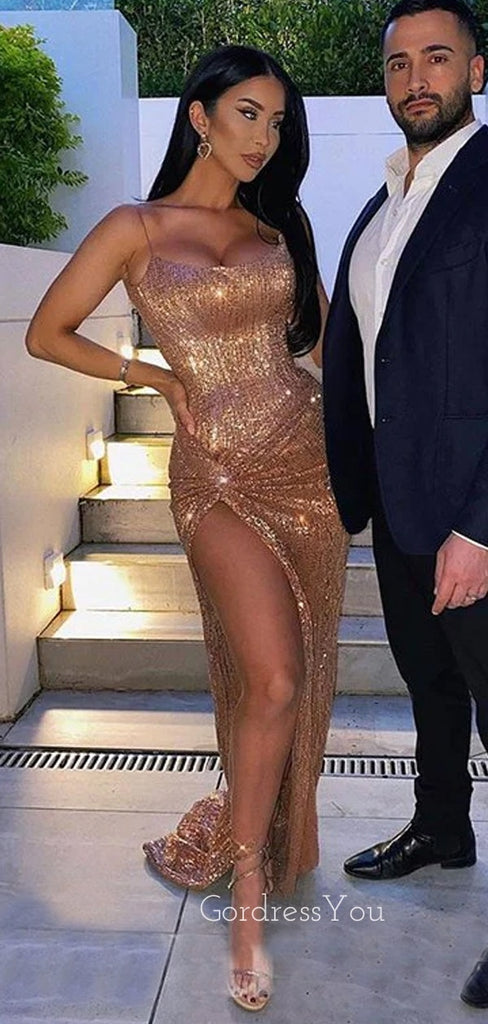 Morden Gold Sequins Mermaid Spaghetti Straps Long Evening Prom Dresses, Custom High Slit Prom Dress, GR0088