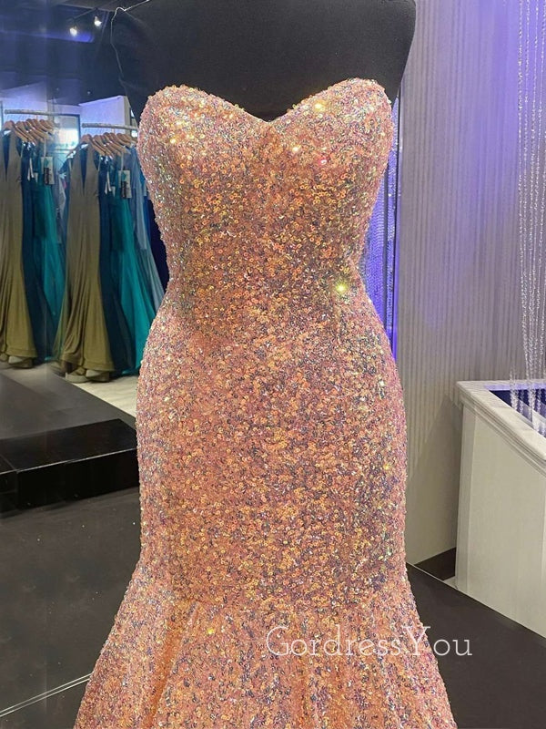 Popular Mermaid Sequins Strapless Long Evening Prom Dresses, Custom Prom Dress, GR0090