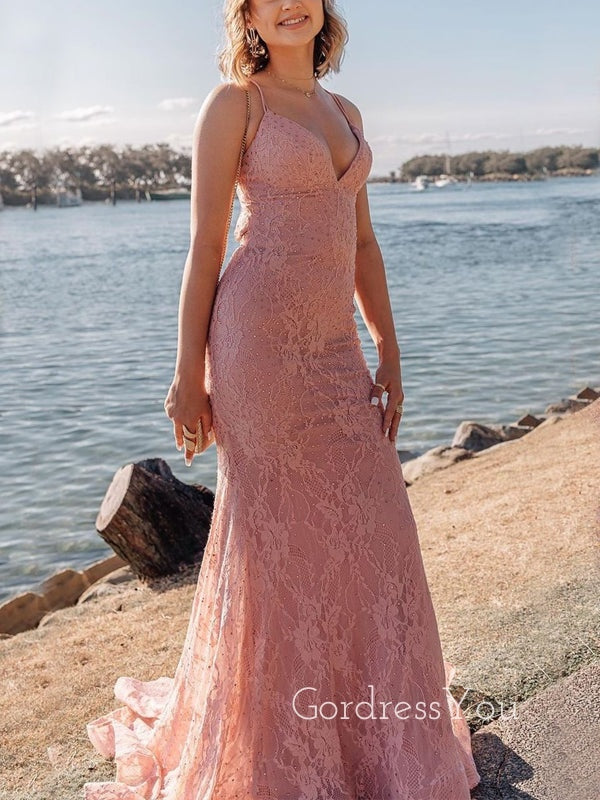 Elegant Mermaid Lace Spaghetti Straps Long Evening Prom Dresses, Custom Prom Dress, GR0091