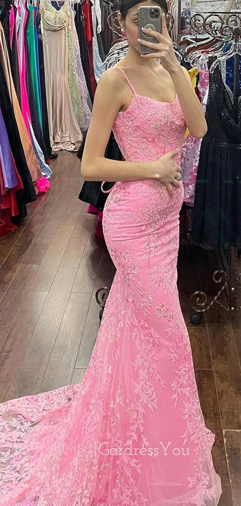 Mermaid Pink Tulle appliques Long Evening Prom Dresses, Custom Prom Dress, GR0092