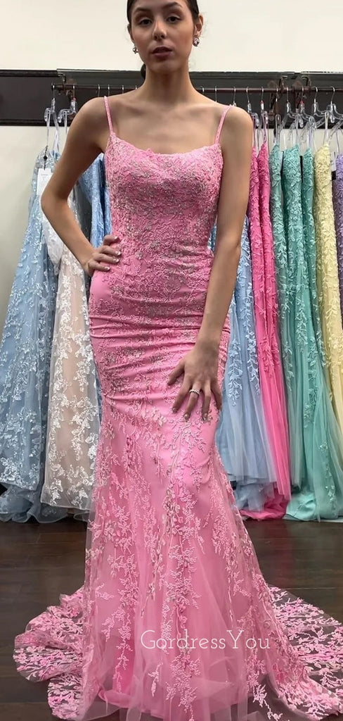 Mermaid Pink Tulle appliques Long Evening Prom Dresses, Custom Prom Dress, GR0092