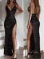 Simple Black Sequins V-neck High Slit Long Evening Prom Dresses, Custom Prom Dress, GR0094