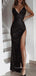 Simple Black Sequins V-neck High Slit Long Evening Prom Dresses, Custom Prom Dress, GR0094