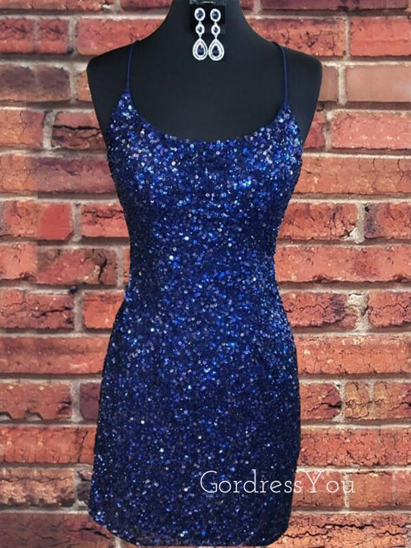 Spaghetti Straps Backless Navy Blue Sequins Short Homecoming Dresses, HM1002