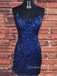 Spaghetti Straps Backless Navy Blue Sequins Short Homecoming Dresses, HM1002