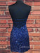 Spaghetti Straps Backless Navy Blue Sequins Short Homecoming Dresses, HM1002