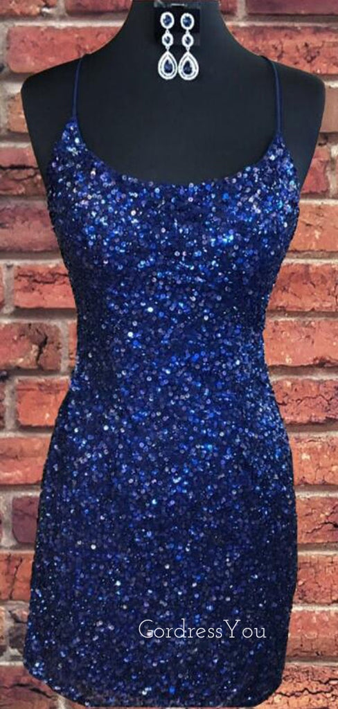 Spaghetti Straps Backless Navy Blue Sequins Short Homecoming Dresses, HM1002