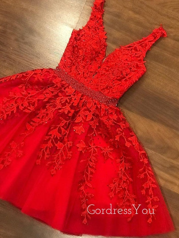 A-line Red Tulle V-neck Appliques Short Homecoming Dresses, HM1003