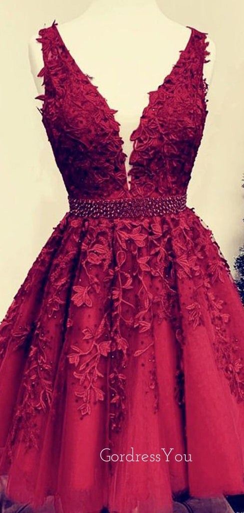 A-line Red Tulle V-neck Appliques Short Homecoming Dresses, HM1003