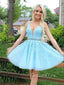 A-line Sky Blue Tulle Appliques V-neck Short Homecoming Dresses, HM1004