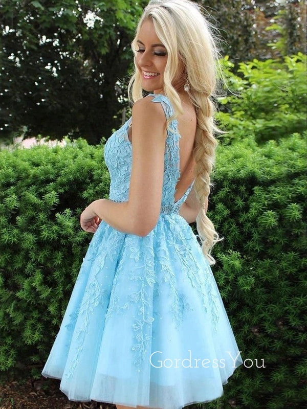 A-line Sky Blue Tulle Appliques V-neck Short Homecoming Dresses, HM1004