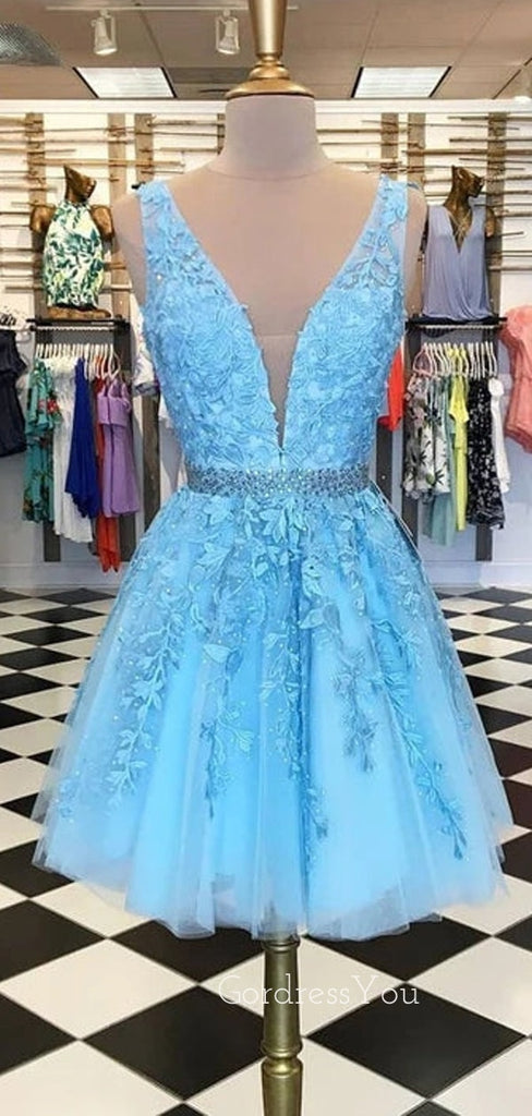 A-line Sky Blue Tulle Appliques V-neck Short Homecoming Dresses, HM1004