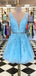 A-line Sky Blue Tulle Appliques V-neck Short Homecoming Dresses, HM1004