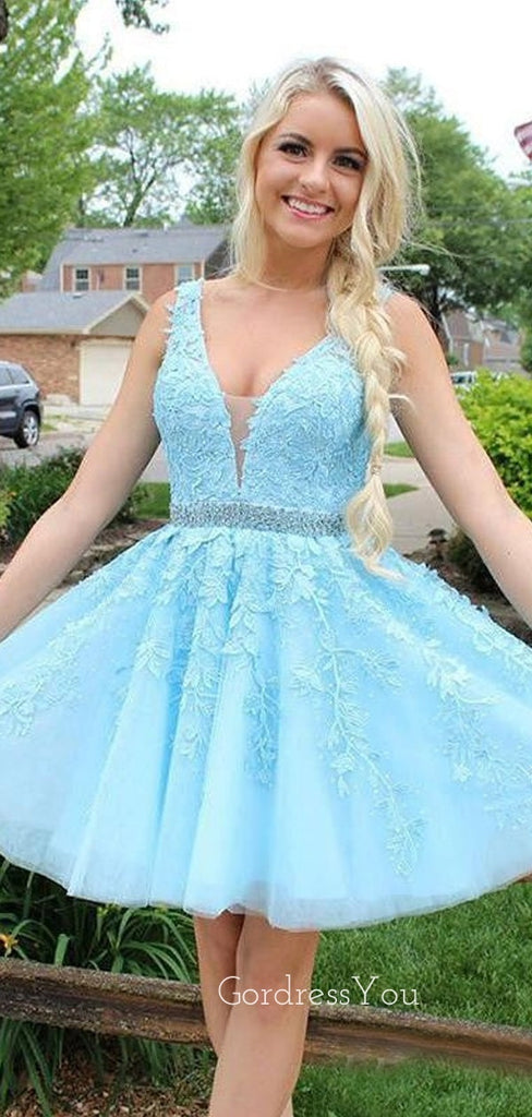 A-line Sky Blue Tulle Appliques V-neck Short Homecoming Dresses, HM1004