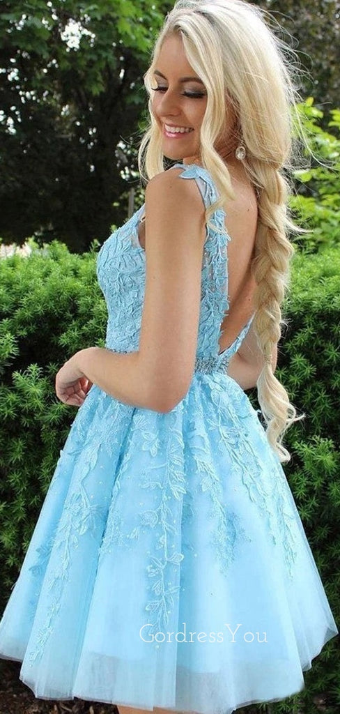 A-line Sky Blue Tulle Appliques V-neck Short Homecoming Dresses, HM1004