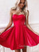 A-line Red Satin Strapless Short Homecoming Dresses, HM1005