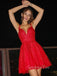 A-line Red Tulle Appliques Spaghetti Straps Short V-neck Homecoming Dresses, HM1006