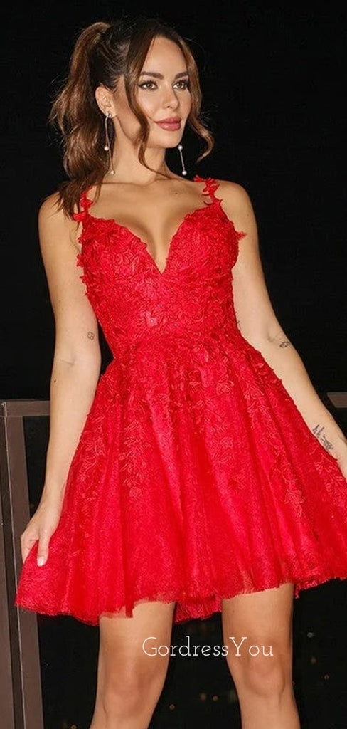 A-line Red Tulle Appliques Spaghetti Straps Short V-neck Homecoming Dresses, HM1006