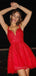 A-line Red Tulle Appliques Spaghetti Straps Short V-neck Homecoming Dresses, HM1006